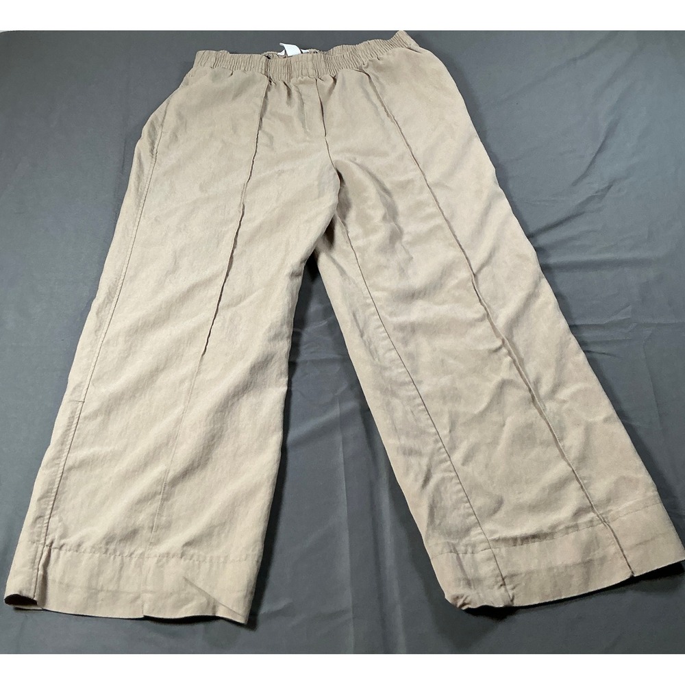 H&M Beige Lyocell Linen Blend Wide Leg Cropped Pants Elastic Waist Size M